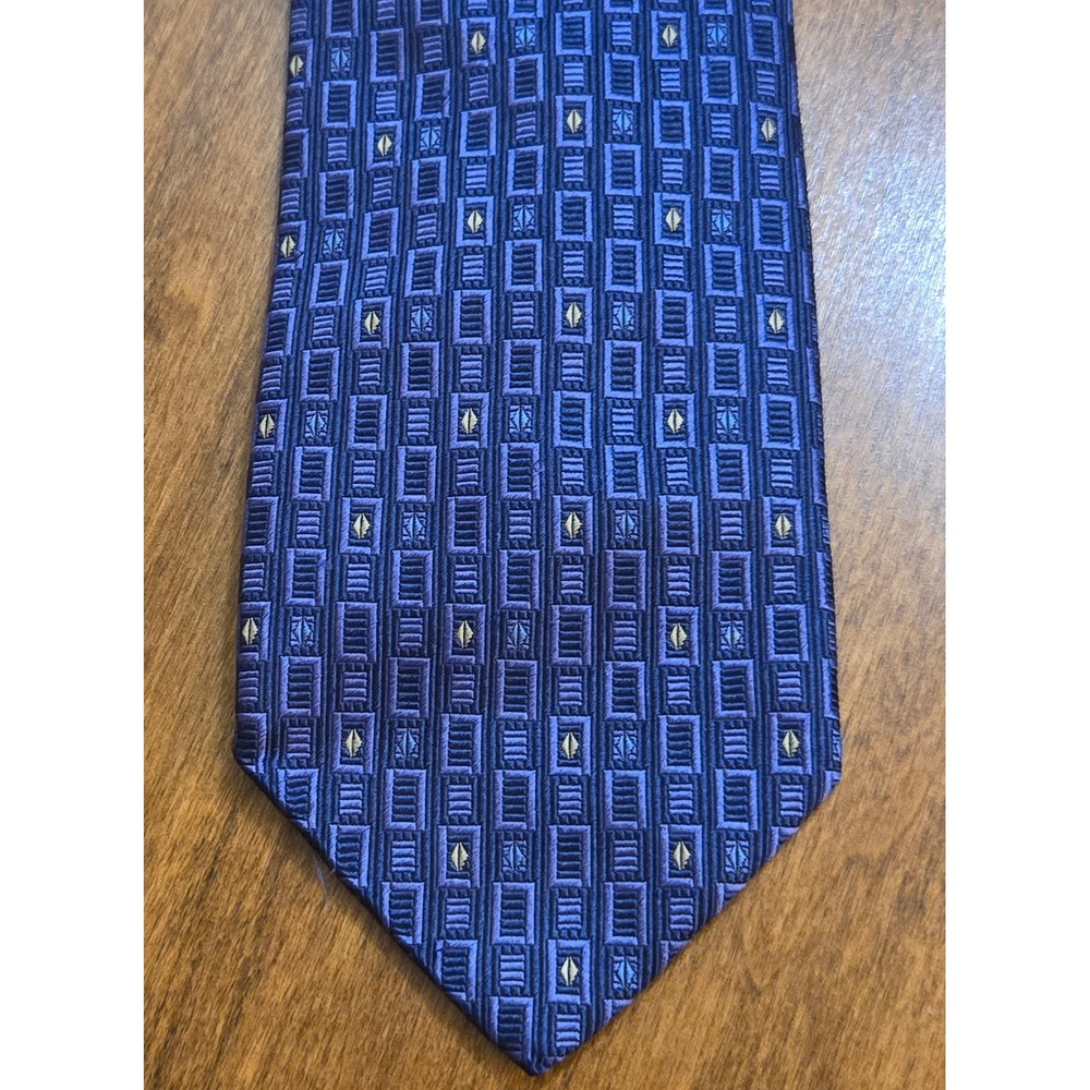 Equestrian Firenze Mens Blue Geometric Silk Tie Made in Italy Luxury Necktie